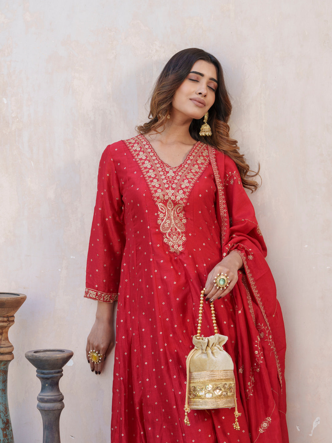 Bandhani Printed V-Neck Panelled Anarkali Kurta With Trouser & Dupatta