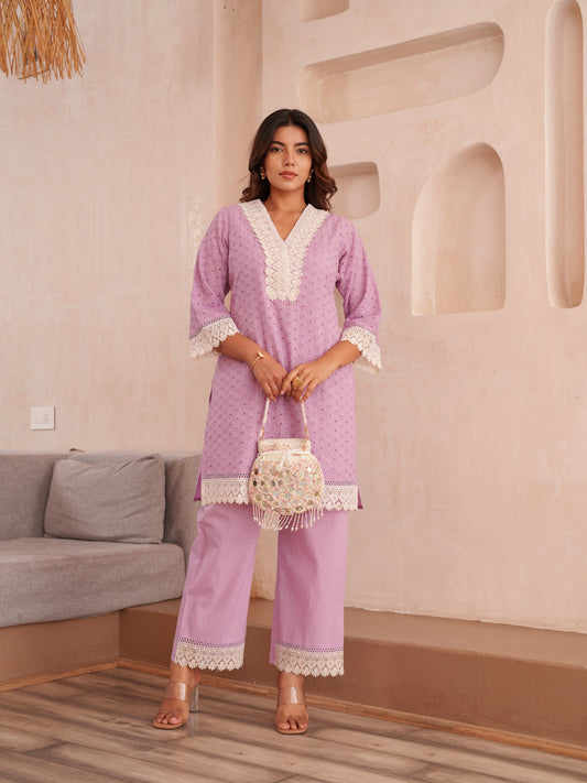 Embroidered V-Neck Pure Cotton Tunic & Trouser