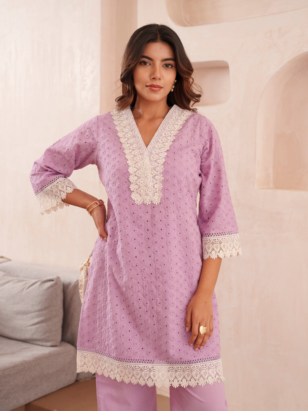Embroidered V-Neck Pure Cotton Tunic & Trouser