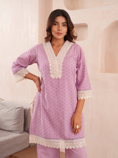 Embroidered V-Neck Pure Cotton Tunic & Trouser