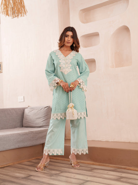 Embroidered V-Neck Pure Cotton Tunic & Trouser