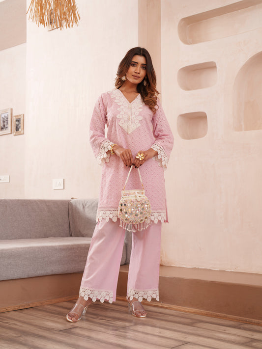Embroidered V-Neck Pure Cotton Tunic & Trouser