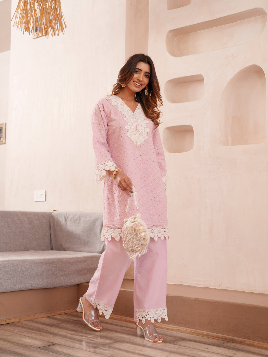 Embroidered V-Neck Pure Cotton Tunic & Trouser