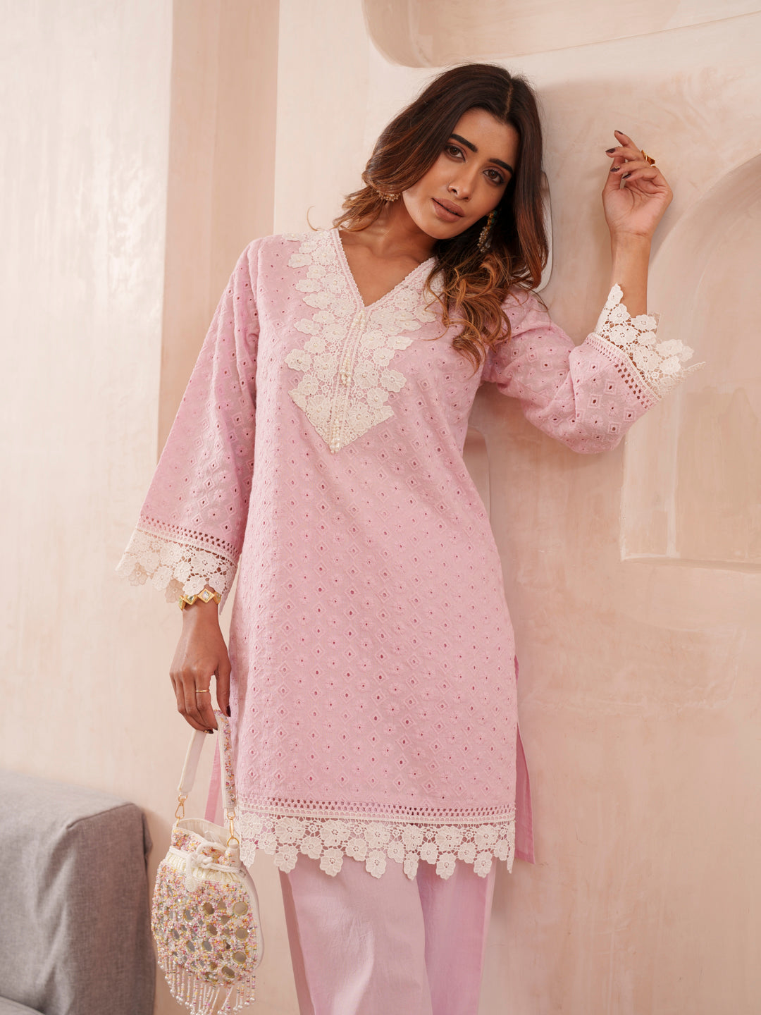 Embroidered V-Neck Pure Cotton Tunic & Trouser