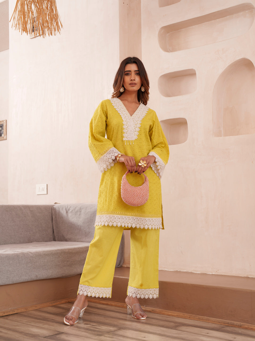 Embroidered V-Neck Pure Cotton Tunic & Trouser