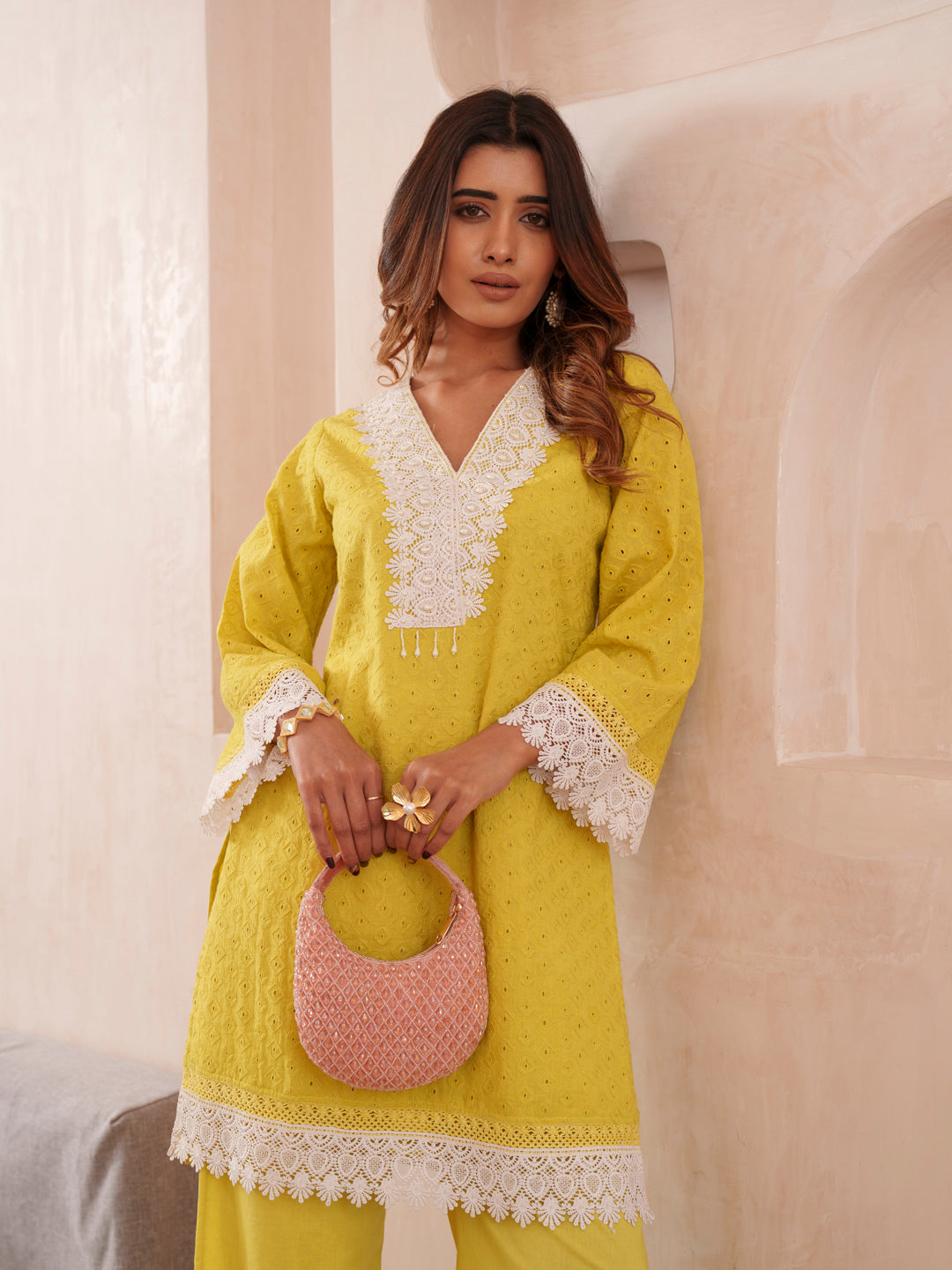 Embroidered V-Neck Pure Cotton Tunic & Trouser