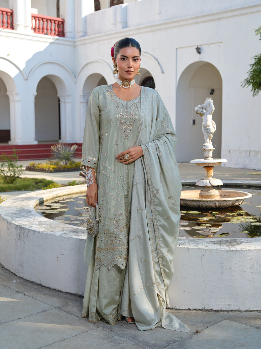 Embroidered Round Neck Kurta & Palazzos Kurta Sets