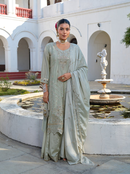 Embroidered Round Neck Kurta & Palazzos Kurta Sets