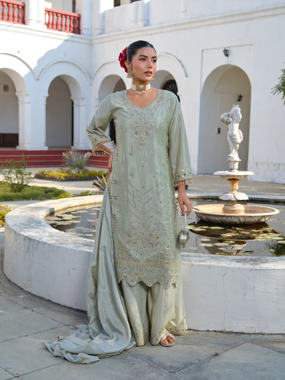 Embroidered Round Neck Kurta & Palazzos Kurta Sets