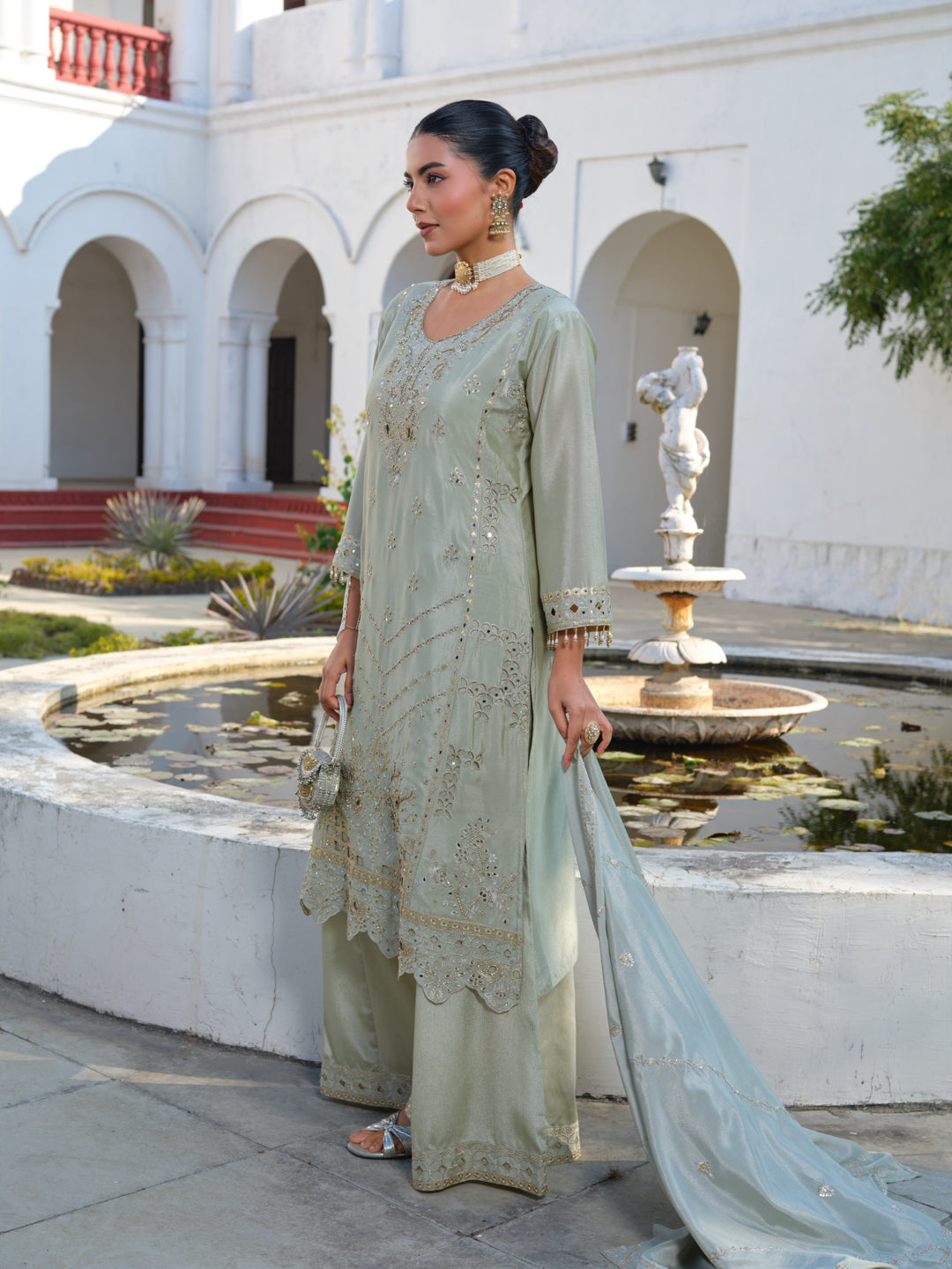 Embroidered Round Neck Kurta & Palazzos Kurta Sets