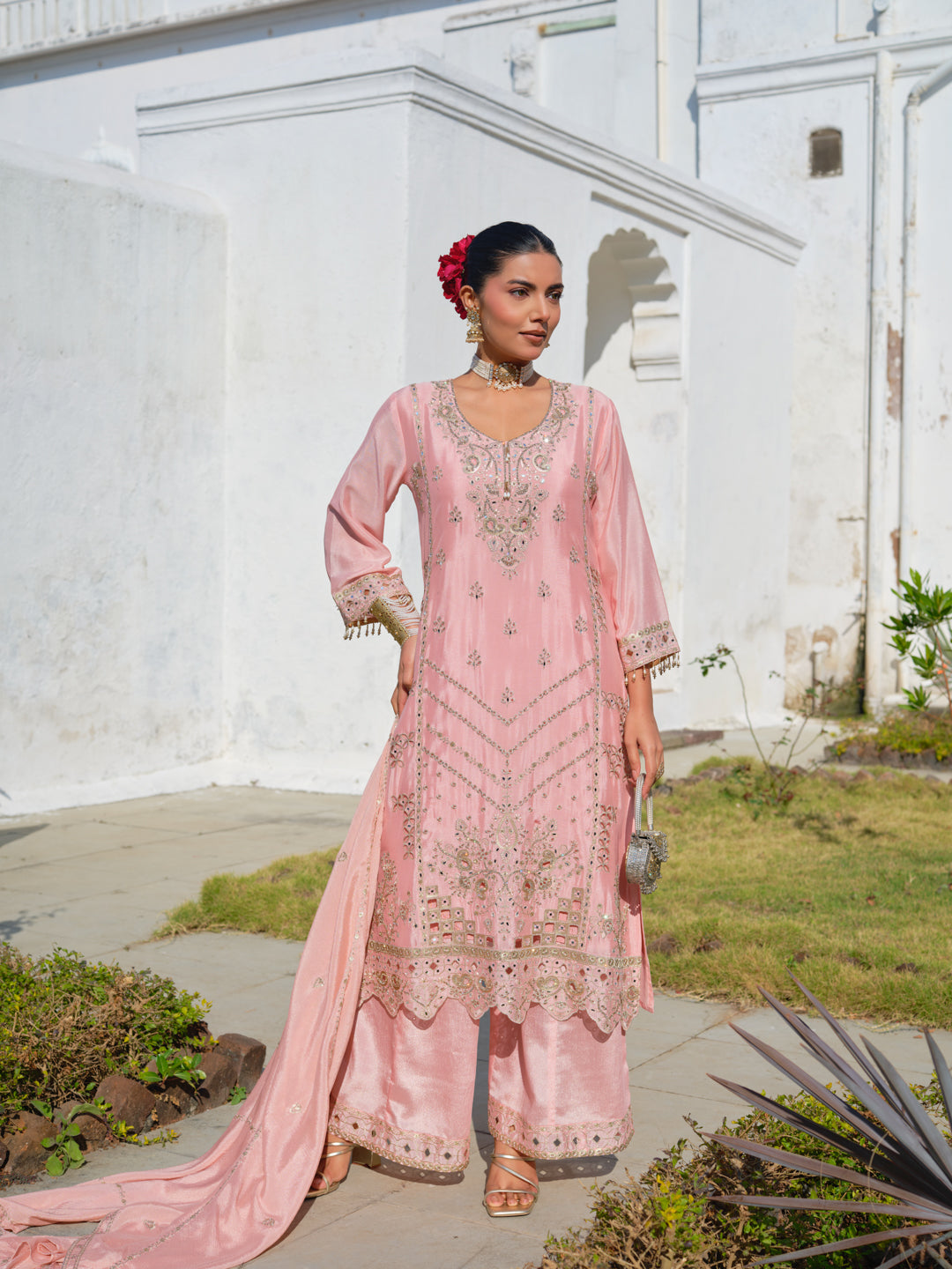 Embroidered Round Neck Kurta & Palazzos Kurta Sets