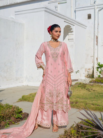 Embroidered Round Neck Kurta & Palazzos Kurta Sets
