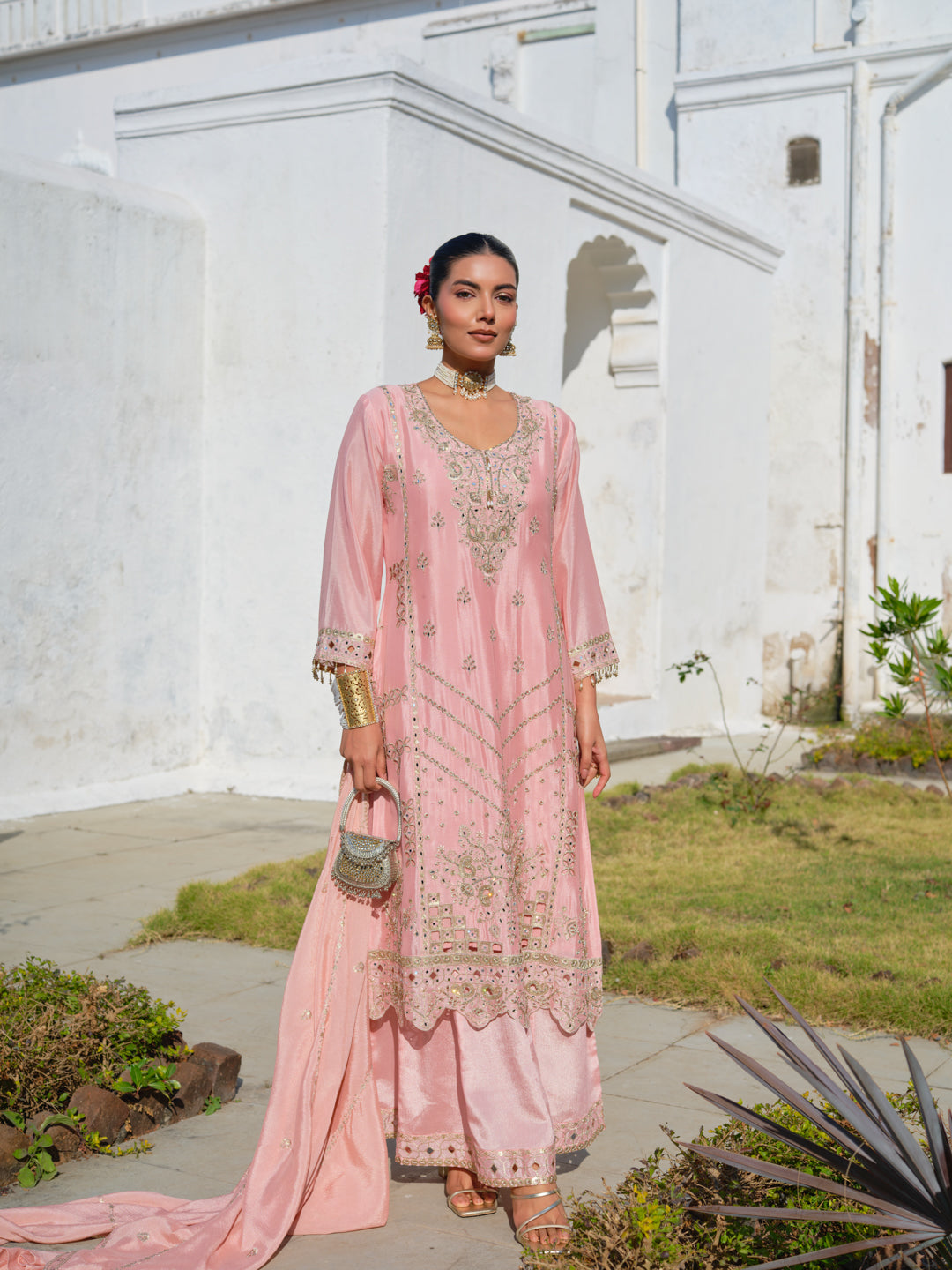 Embroidered Round Neck Kurta & Palazzos Kurta Sets