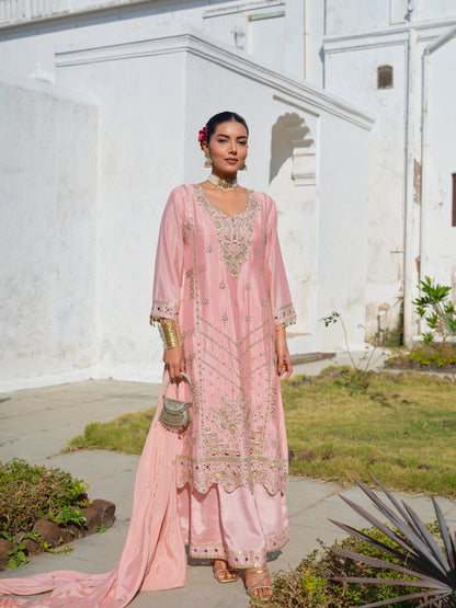 Embroidered Round Neck Kurta & Palazzos Kurta Sets