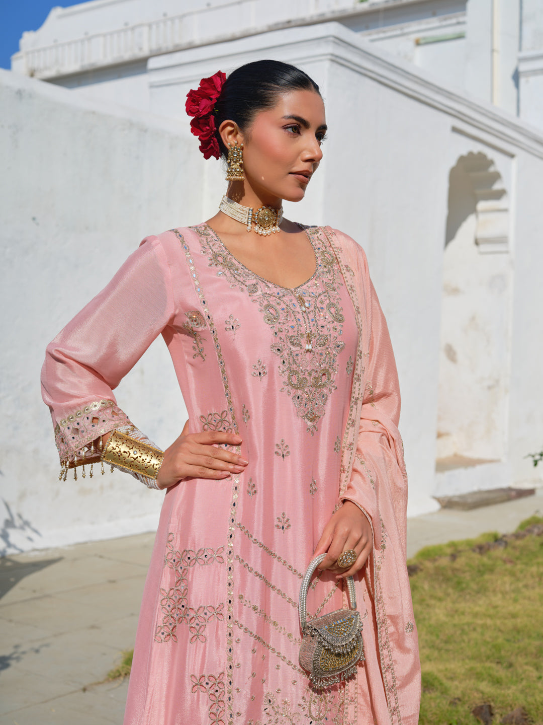 Embroidered Round Neck Kurta & Palazzos Kurta Sets
