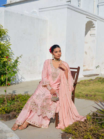 Embroidered Round Neck Kurta & Palazzos Kurta Sets