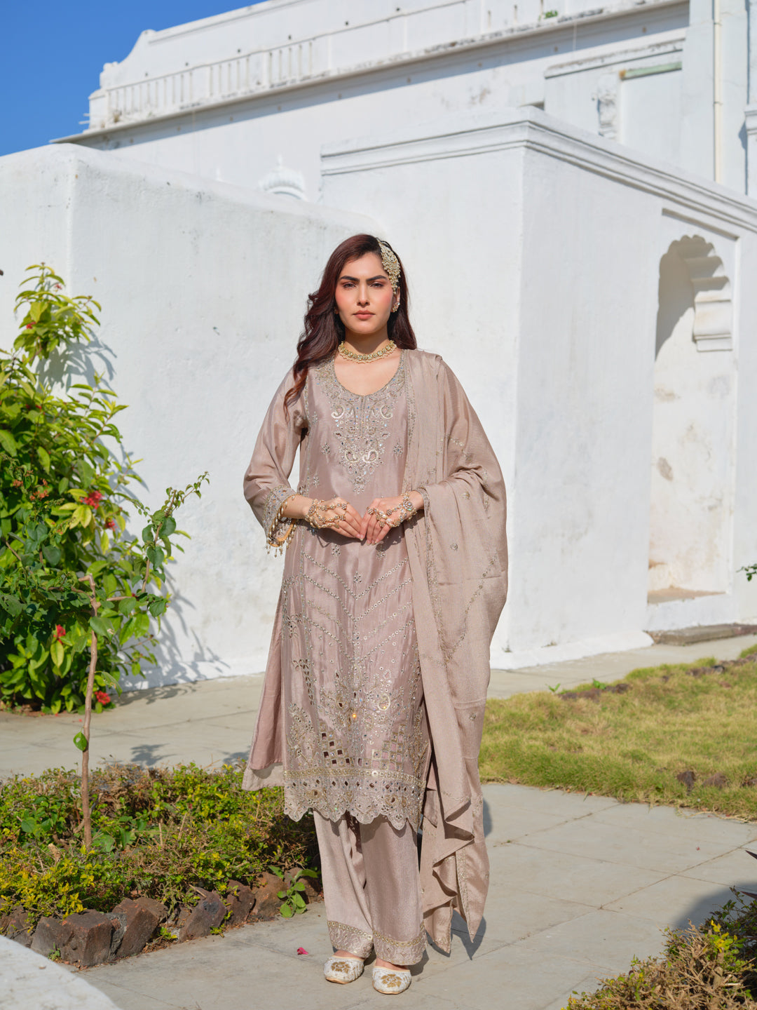 Embroidered Round Neck Kurta & Palazzos Kurta Sets
