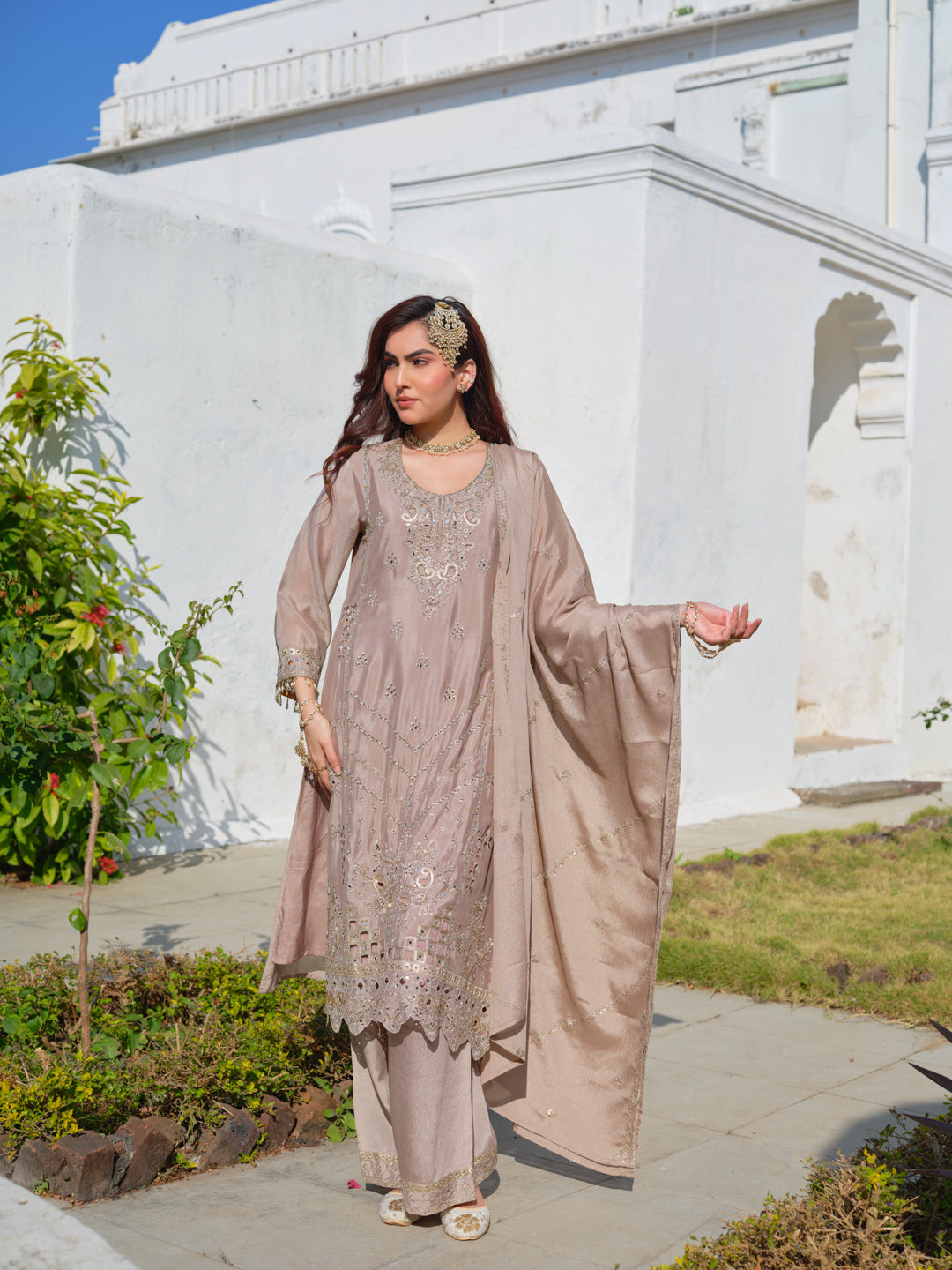 Embroidered Round Neck Kurta & Palazzos Kurta Sets