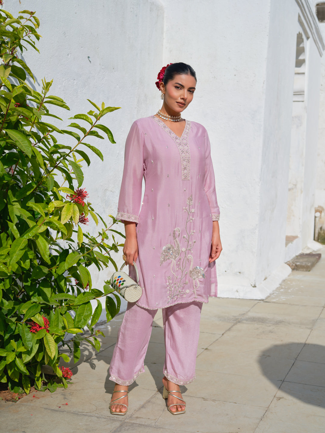 Embroidered V-Neck Kurta & Trousers Kurta Sets
