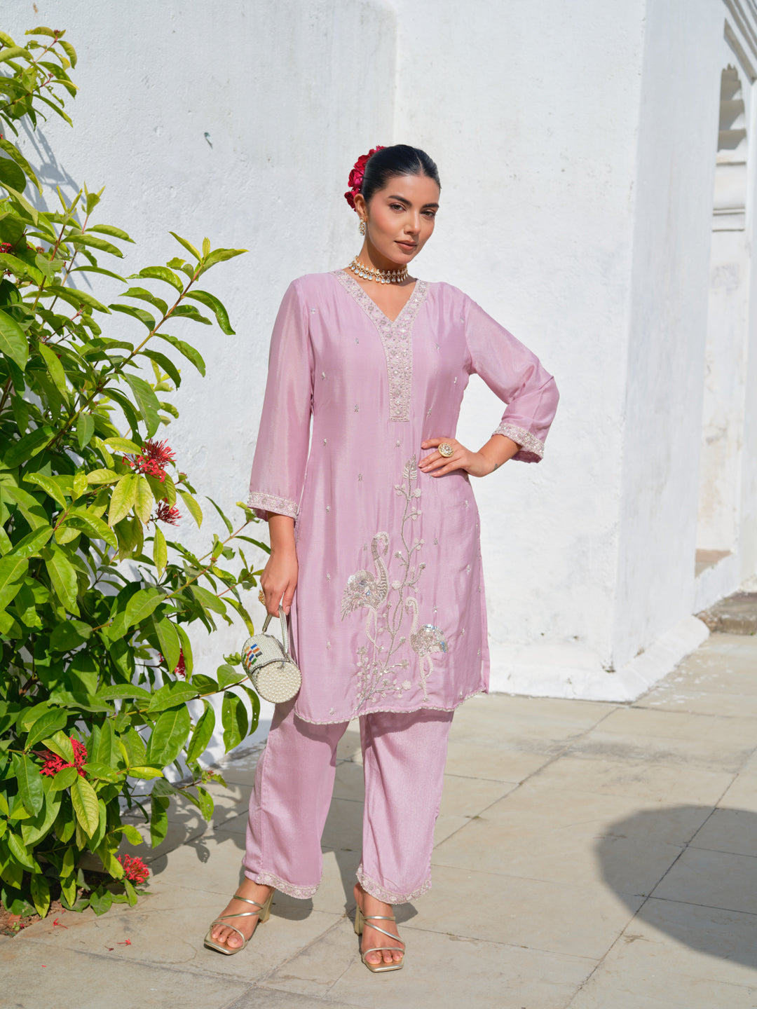 Embroidered V-Neck Kurta & Trousers Kurta Sets
