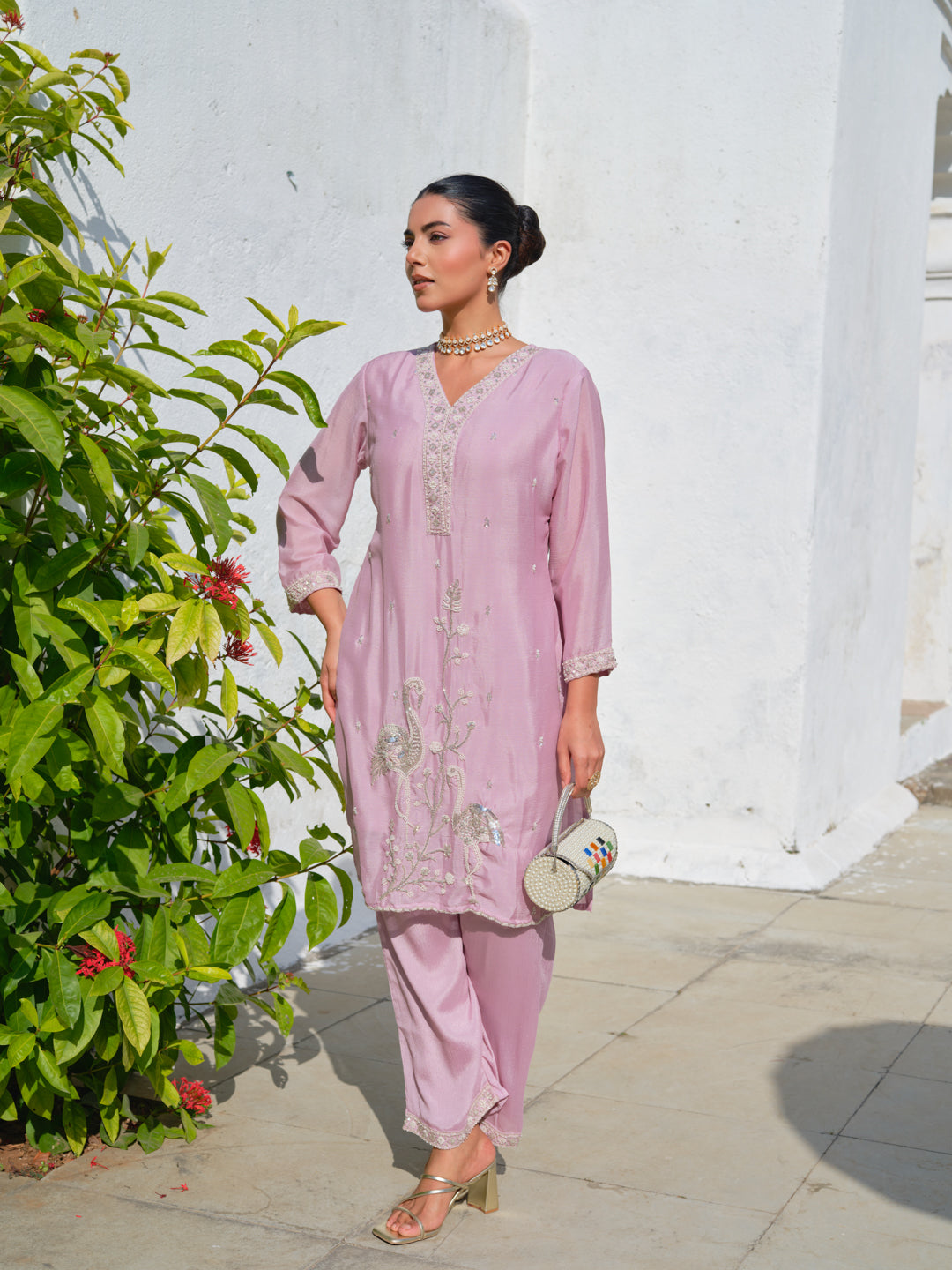 Embroidered V-Neck Kurta & Trousers Kurta Sets