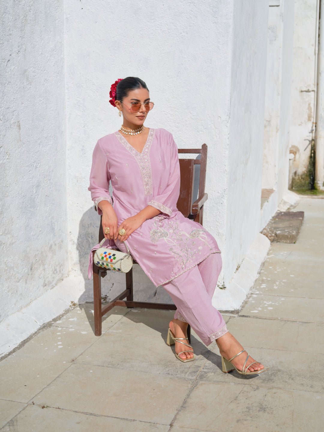 Embroidered V-Neck Kurta & Trousers Kurta Sets