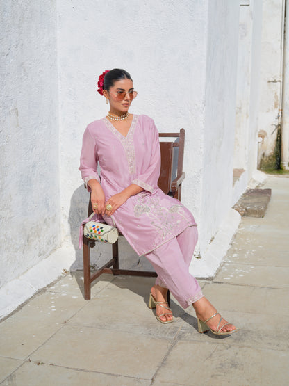 Embroidered V-Neck Kurta & Trousers Kurta Sets
