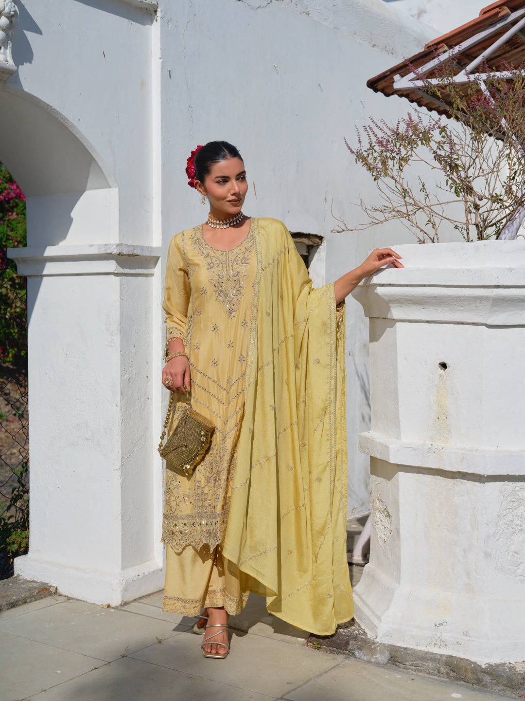 Embroidered Round Neck Kurta & Palazzos Kurta Sets