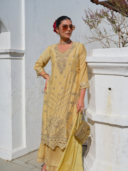 Embroidered Round Neck Kurta & Palazzos Kurta Sets
