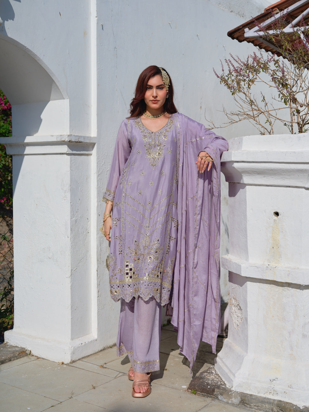 Embroidered Round Neck Kurta & Palazzos Kurta Sets