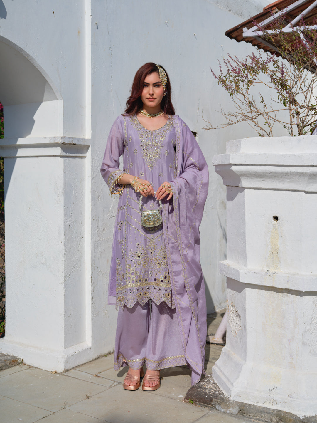Embroidered Round Neck Kurta & Palazzos Kurta Sets