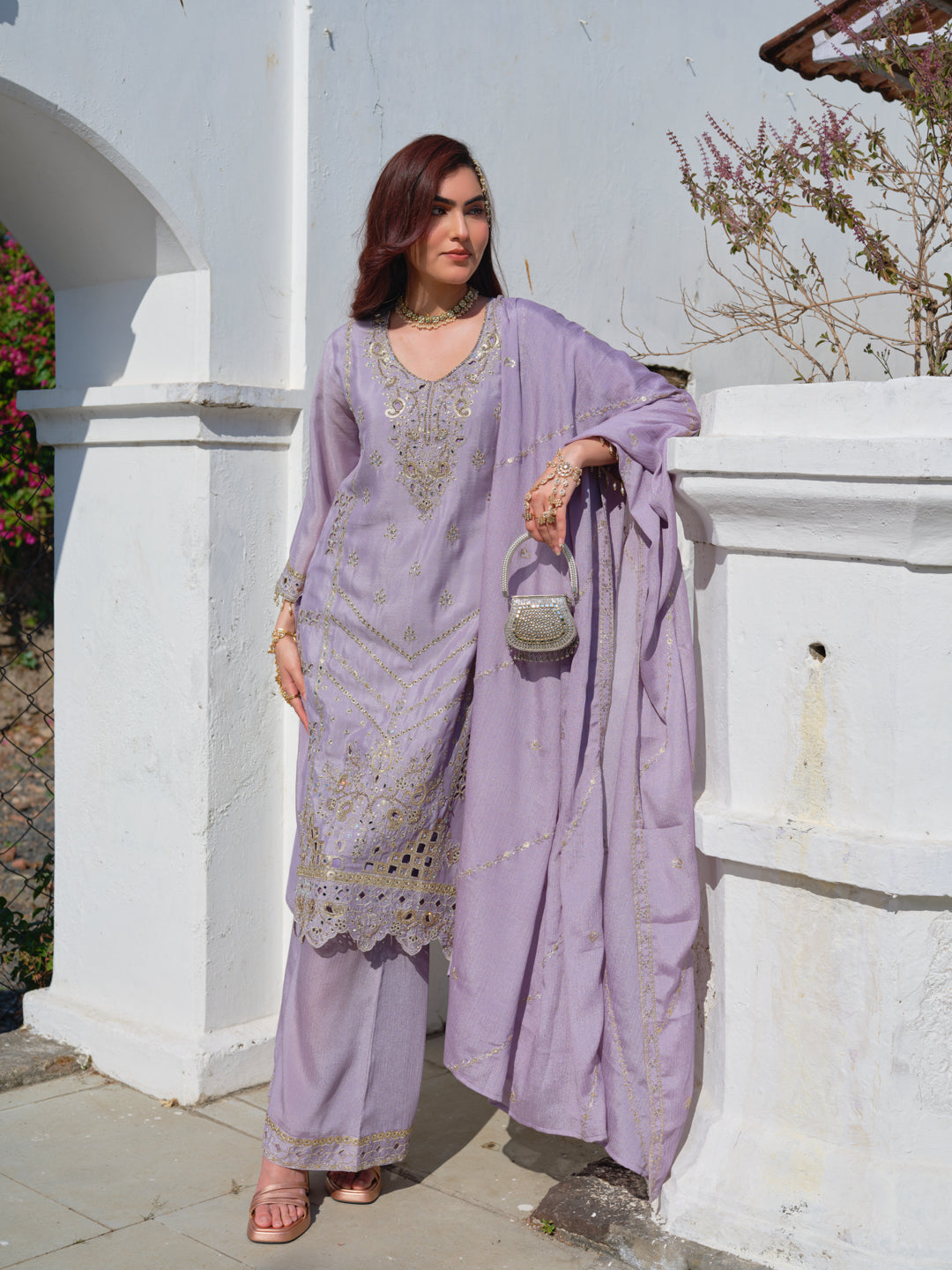 Embroidered Round Neck Kurta & Palazzos Kurta Sets
