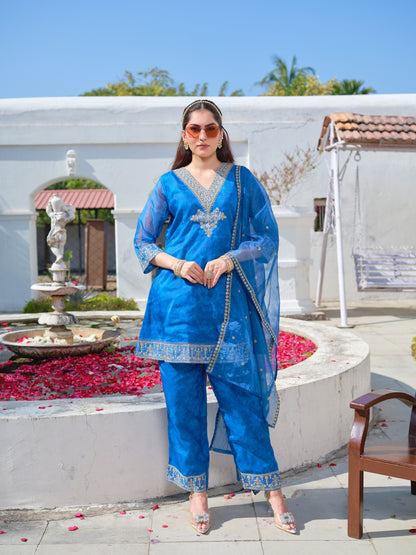 Embroidered V-Neck Kurta & Trousers With Dupatta