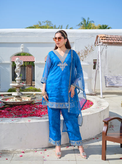 Embroidered V-Neck Kurta & Trousers With Dupatta