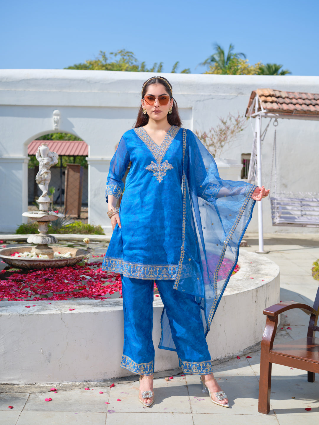 Embroidered V-Neck Kurta & Trousers With Dupatta
