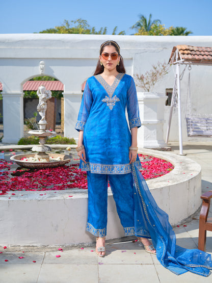 Embroidered V-Neck Kurta & Trousers With Dupatta