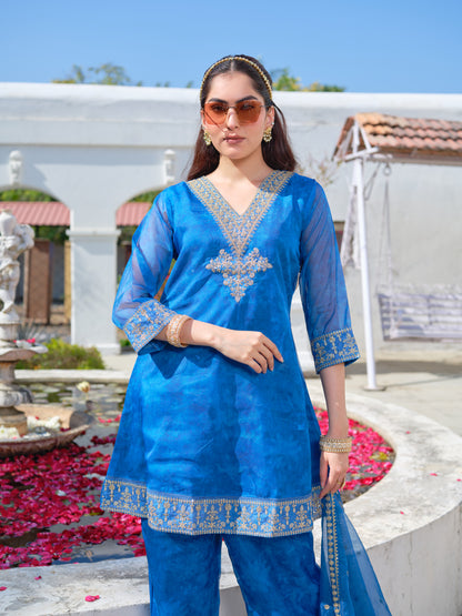 Embroidered V-Neck Kurta & Trousers With Dupatta