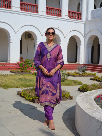 Embroidered V-Neck Kurta & Trousers With Dupatta