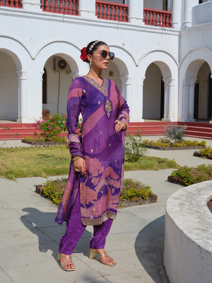 Embroidered V-Neck Kurta & Trousers With Dupatta