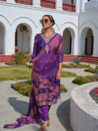 Embroidered V-Neck Kurta & Trousers With Dupatta