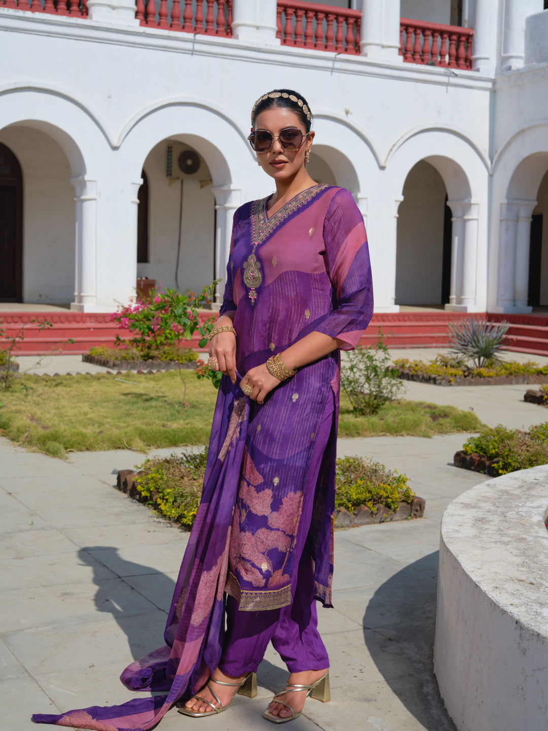 Embroidered V-Neck Kurta & Trousers With Dupatta