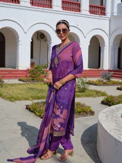 Embroidered V-Neck Kurta & Trousers With Dupatta