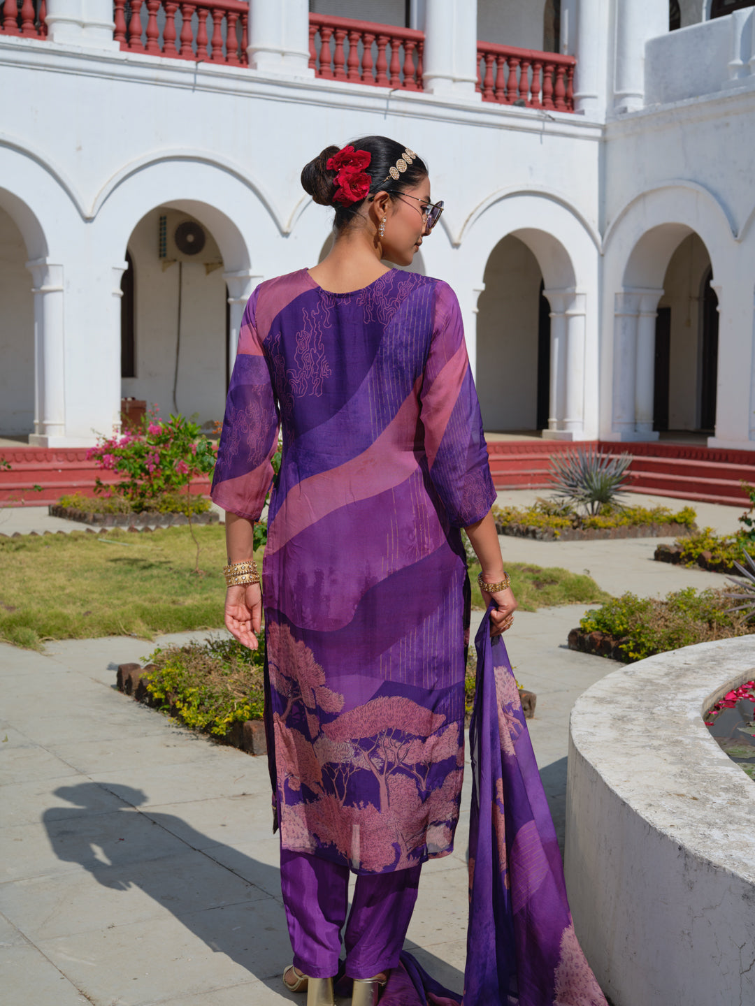 Embroidered V-Neck Kurta & Trousers With Dupatta