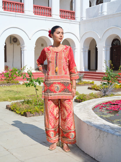 Printed Round Neck Top & Trousers Co-Ords Set