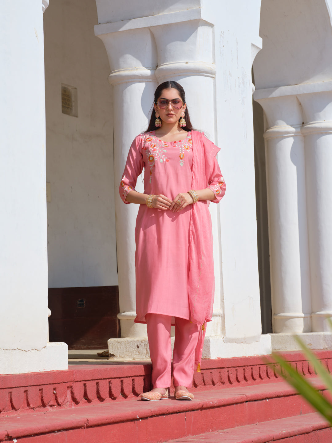 Embroidered Round Neck Straight Kurta & Trousers With Dupatta