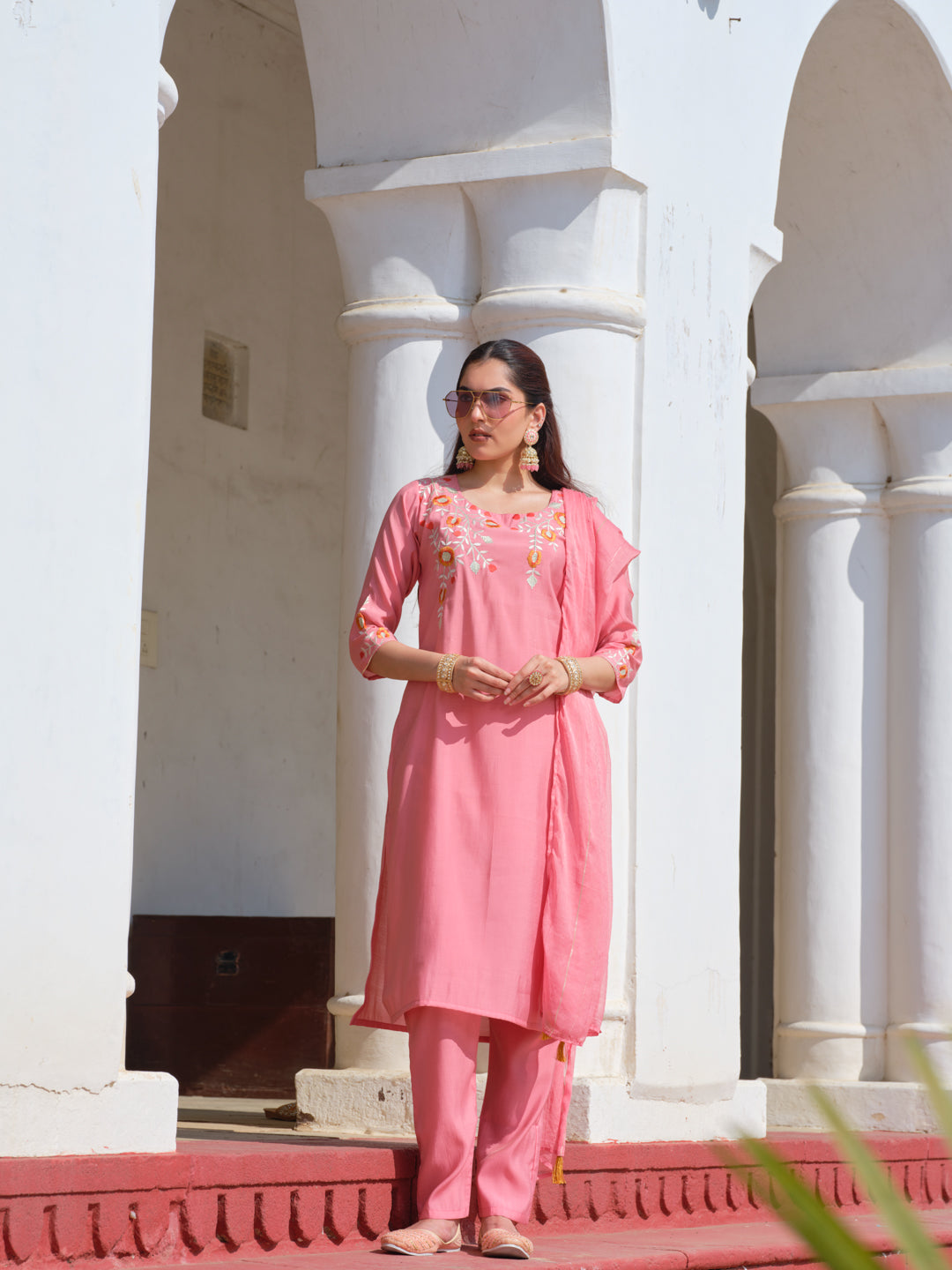 Embroidered Round Neck Straight Kurta & Trousers With Dupatta