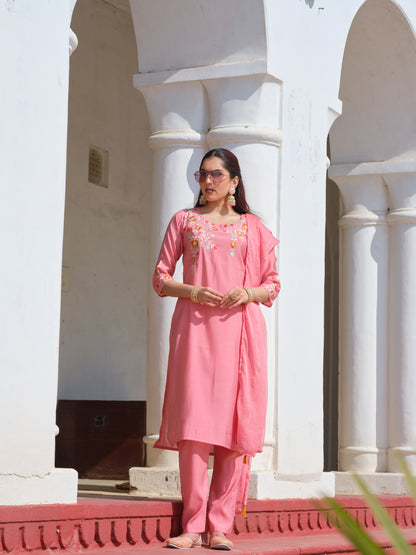 Embroidered Round Neck Straight Kurta & Trousers With Dupatta
