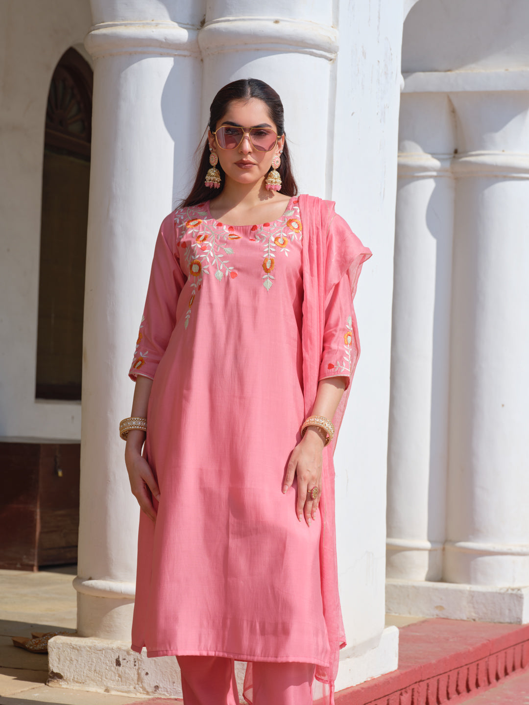 Embroidered Round Neck Straight Kurta & Trousers With Dupatta