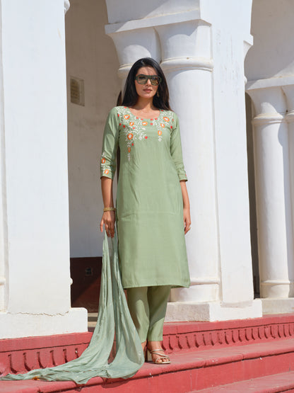 Embroidered Round Neck Straight Kurta & Trousers With Dupatta