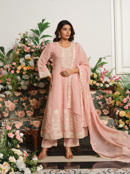 Beige Embroidered Anarkali Kurta Set with Matching Trousers and Embroidered Dupatta in Chanderi Silk Fabric